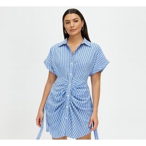 VICI Blue‎ and White Striped Shirt Dress Mini Short Sleeve Ruched Size Large